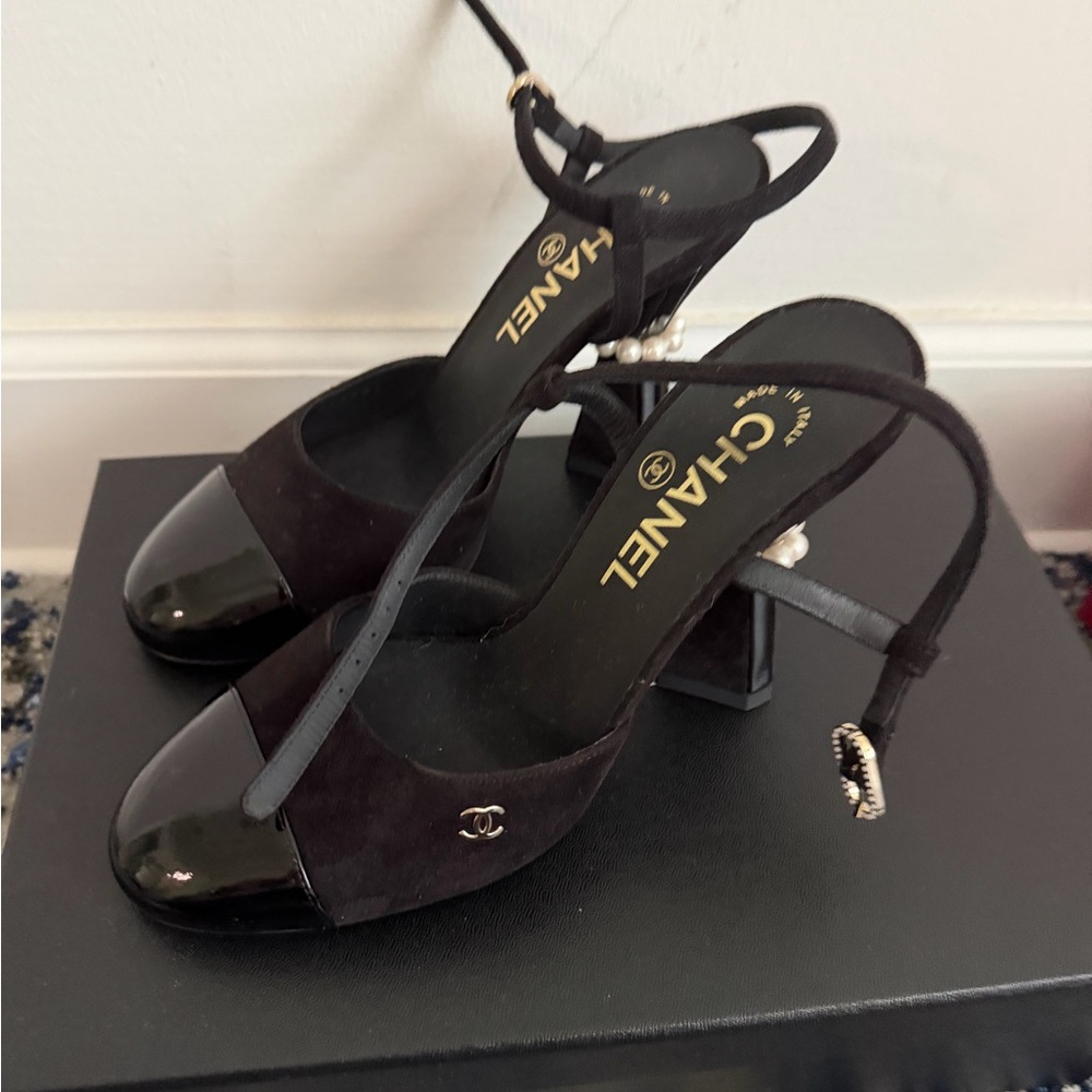 CHANEL Black Heeled Sandals with Pearl Accent